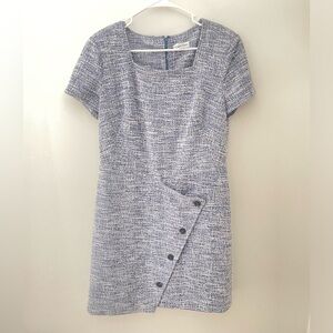 Elegant Blue Calvin Klein Button Wrap Tweed Dress